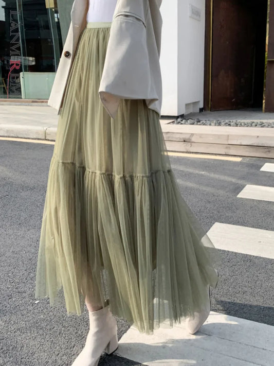 LANMREM Pleated Mesh Mid-length Yarn Skirt For Women Elastic Waist Layers Solid Color Female Elegant Clothing Autumn 2R7300